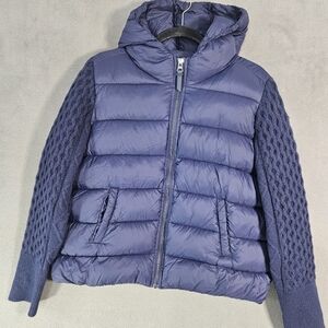 Rachel Zoe Women Large Puffer Coat Hood Full Zip Cable Sweater Sleeves Navy Blue